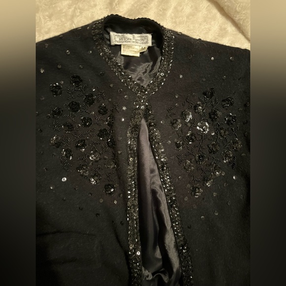 VIVIEN FOREST BLACK BEAD & SEQUIN CARDIGAN EMBELLISHED LINED SZ MEDIUM SO SOFT!! - Picture 5 of 8